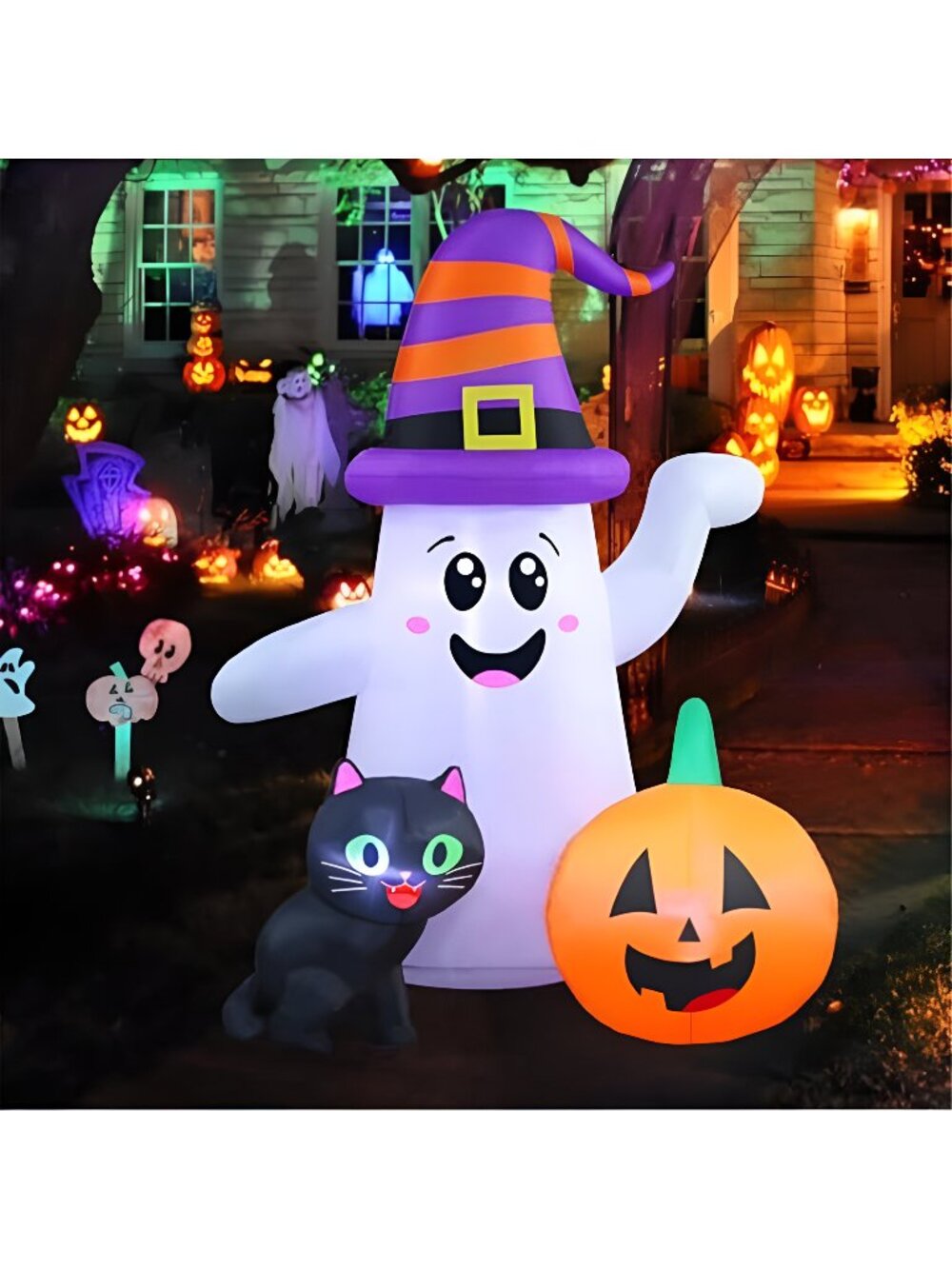5 FT Halloween Inflatables, Cute Ghost with Pumpkin Black Cat Blow Up